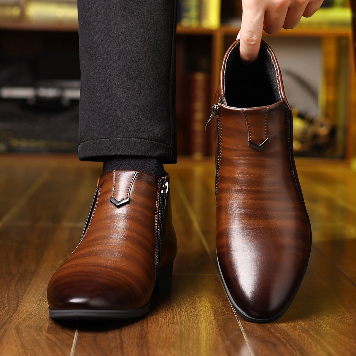 Men's Pointed White Striped Embossed Side Zipper Ankle Boots