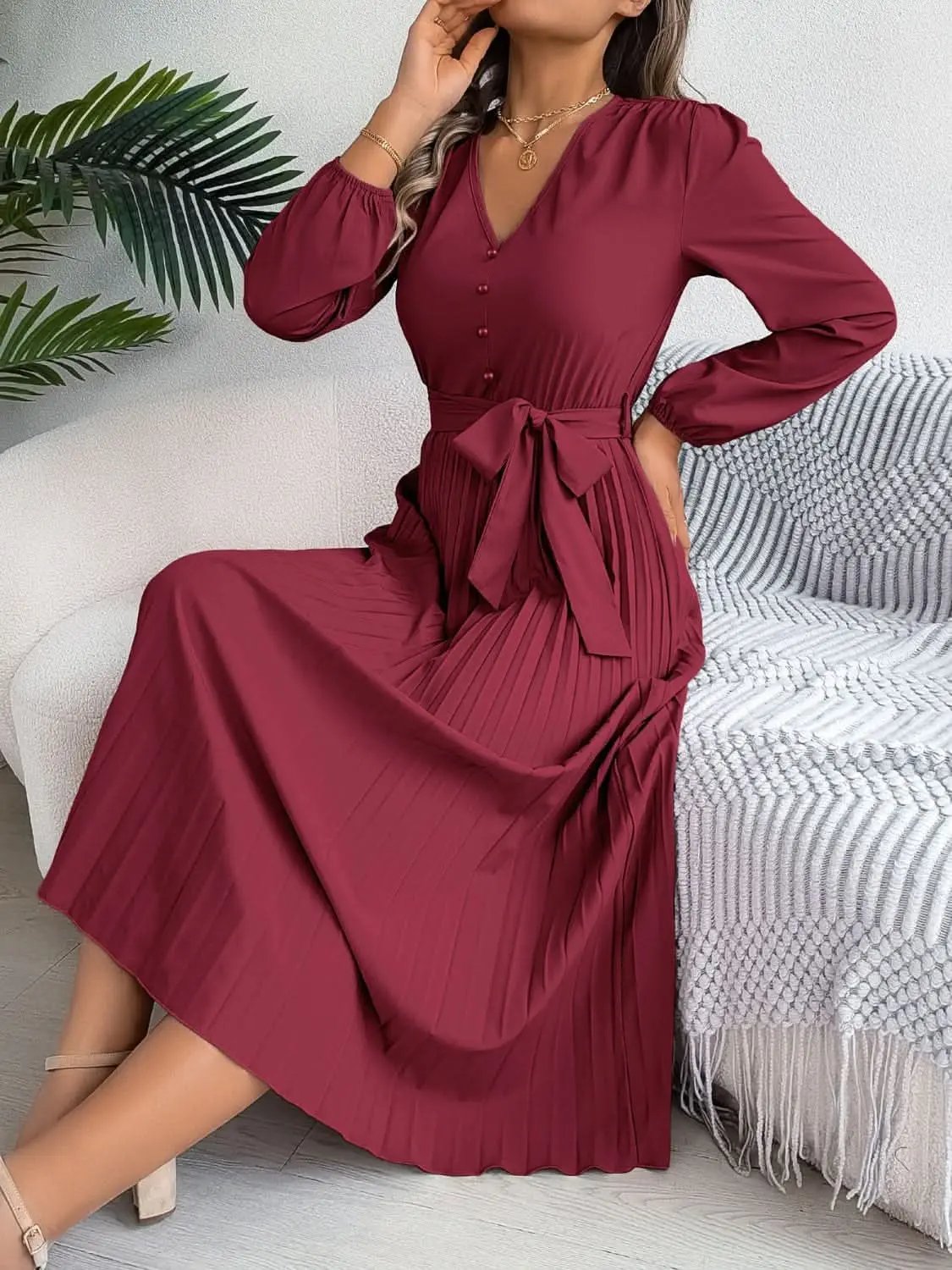 Dresses Trendsi V-Neck Dress Women's Elegant Long Sleeve Sheer Tie Dress Fashion