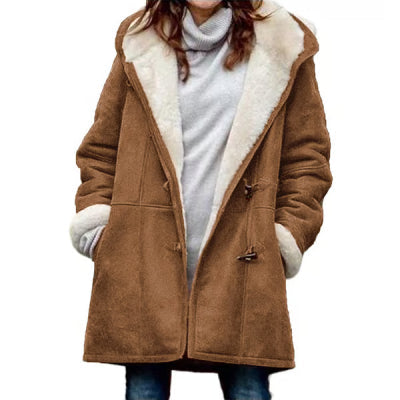 Winter Vintage Button Jackets Women's Warm Fleece Hooded Coat Casual Mid-Length Trench Top Outwear Clothing