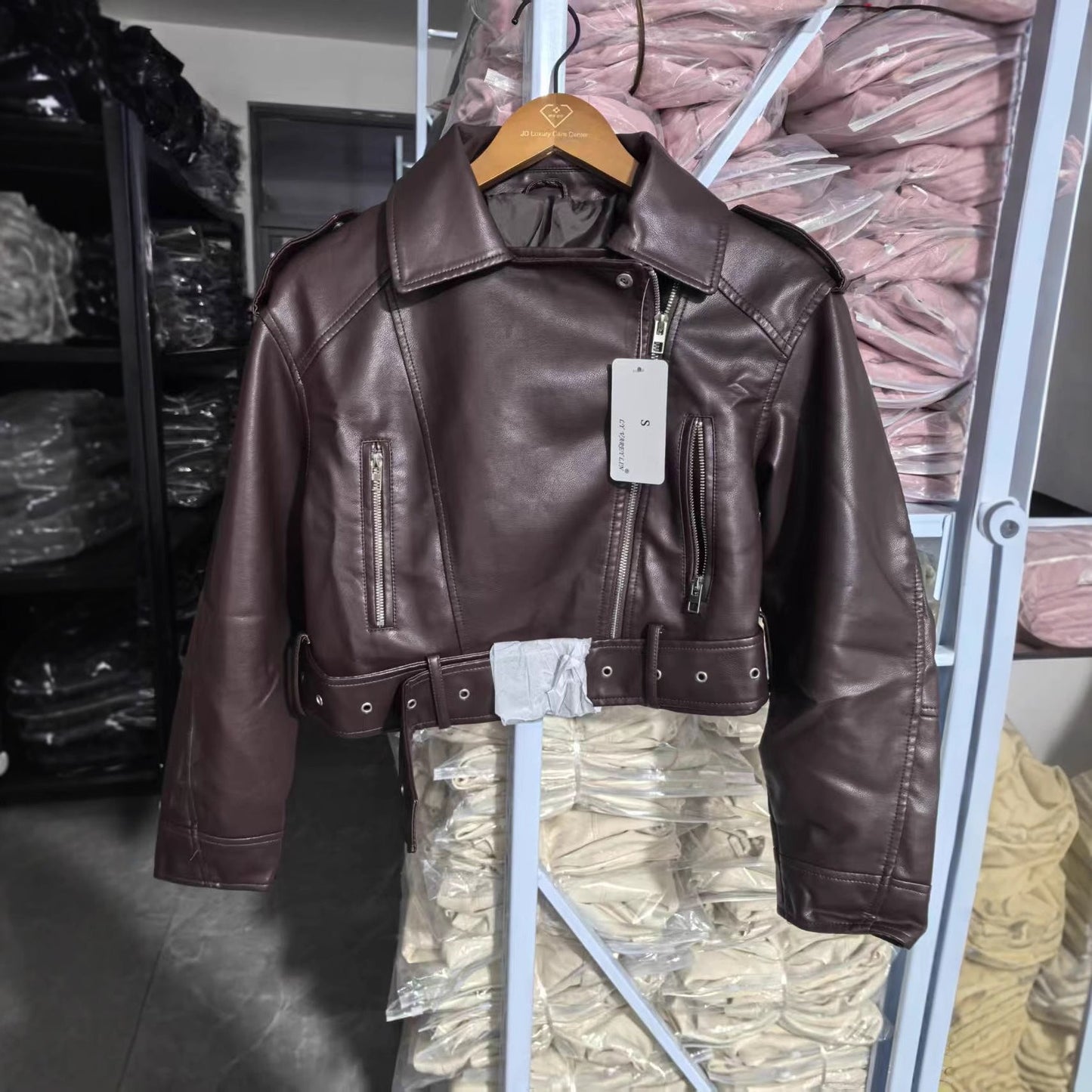 Womens Retro Short-belted Biker Jacket