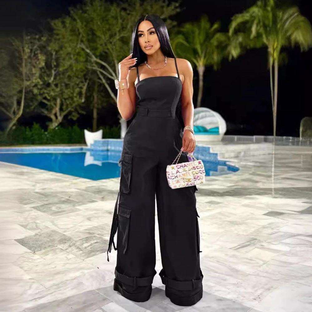 Tube Top Multi-pocket Cargo Wide Leg Jumpsuit