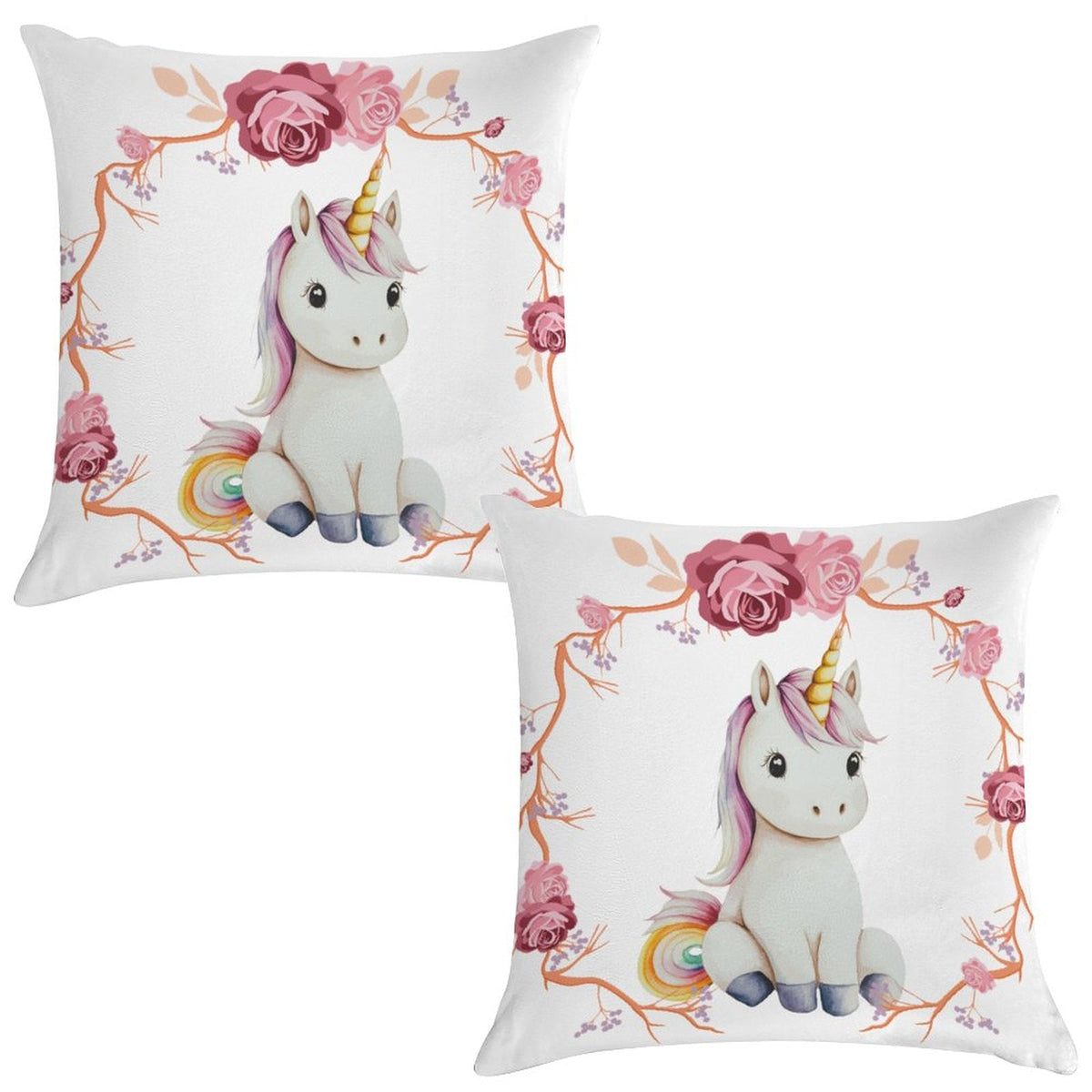 Baby Unicorn with Pink Roses 2-Piece Ultra-Soft Pillowcase Set - 18" × 18"