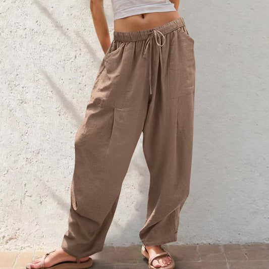 Pantalones de salón informales rectos y sueltos de lino y algodón de color liso para mujer con bolsillos y cordón. Consulta la tabla de tallas en "más detalles".