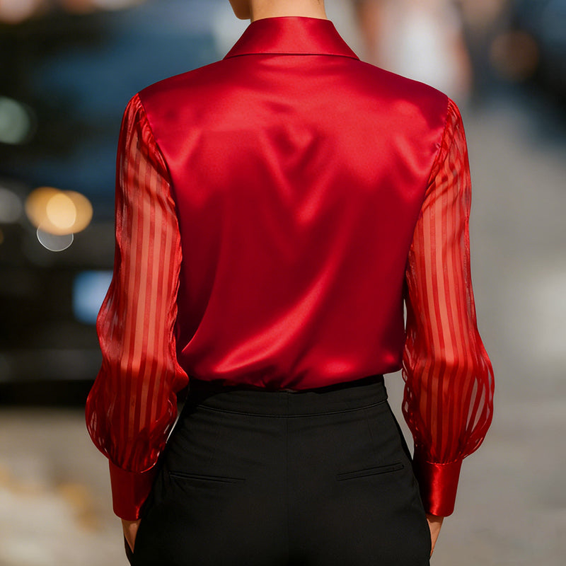 Blusa de satén con cuello solapa para mujer - Camisa transparente de manga larga con botones para oficina y primavera/otoño
