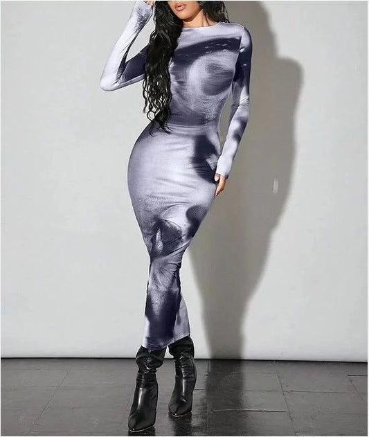 Vestido Estampado de Manga Larga Estrecho para Mujer