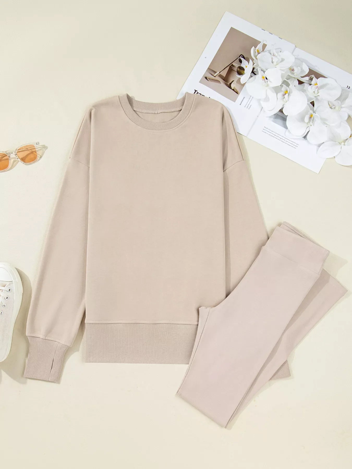 Conjunto de Sudadera Extragrande con Abertura y Leggings Acanalados de 2 Piezas