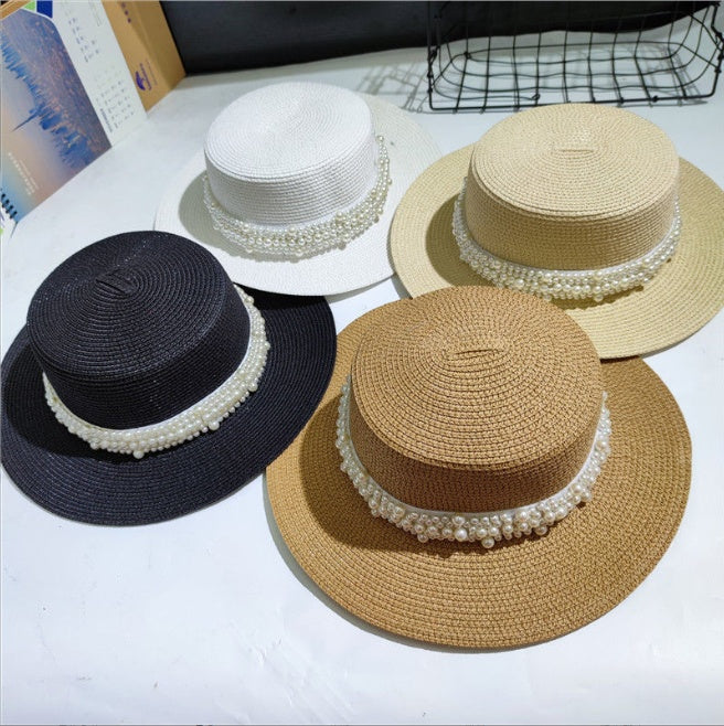 Retro Fashion Versatile Pearl Flat Top Sun Protection Beach Hat