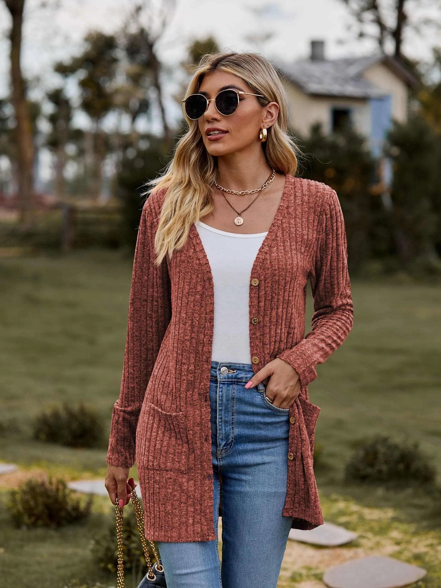 Sweaters Trendsi Heathered ribbed cardigan with pockets