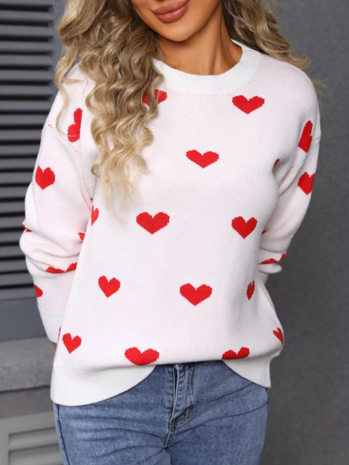 Valentine's Day Heart Pattern Dropped Shoulder Sweater