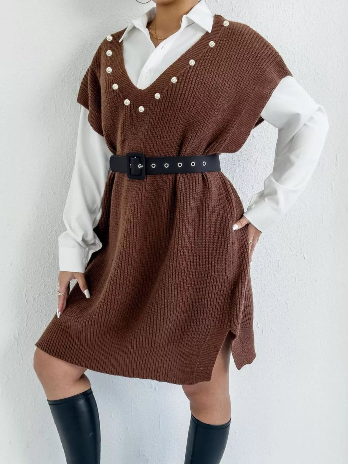 Slit V-Neck Sweater Dress