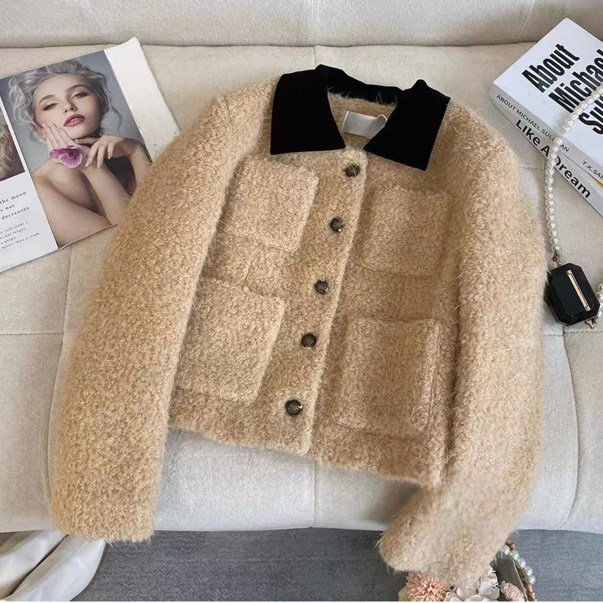 Women's Fashion Short Color-Block Lapel Jacket