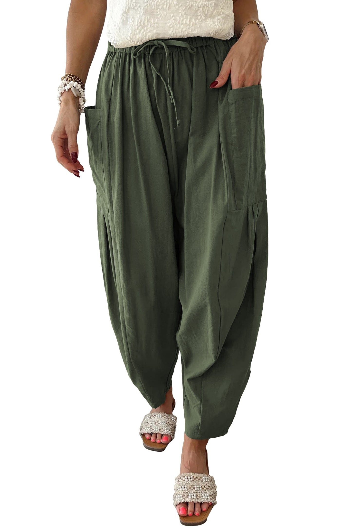 Pantalones casuales de pierna ancha con cintura elástica con cordón y bolsillos de parche en verde selva