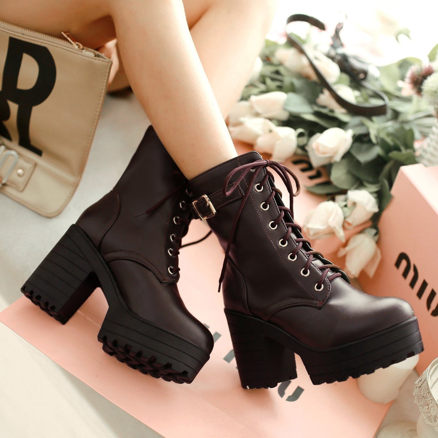 Botas Martin de tacón grueso de PU para mujer | Botas de tacón alto de talla grande