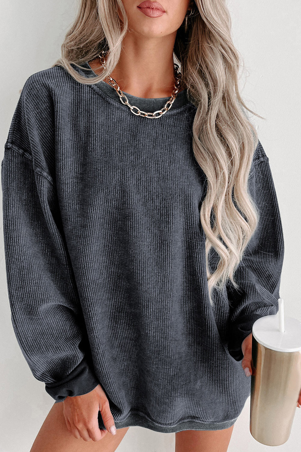 Sudadera Rosa Sólida de Punto Acanalado y Cuello Redondo