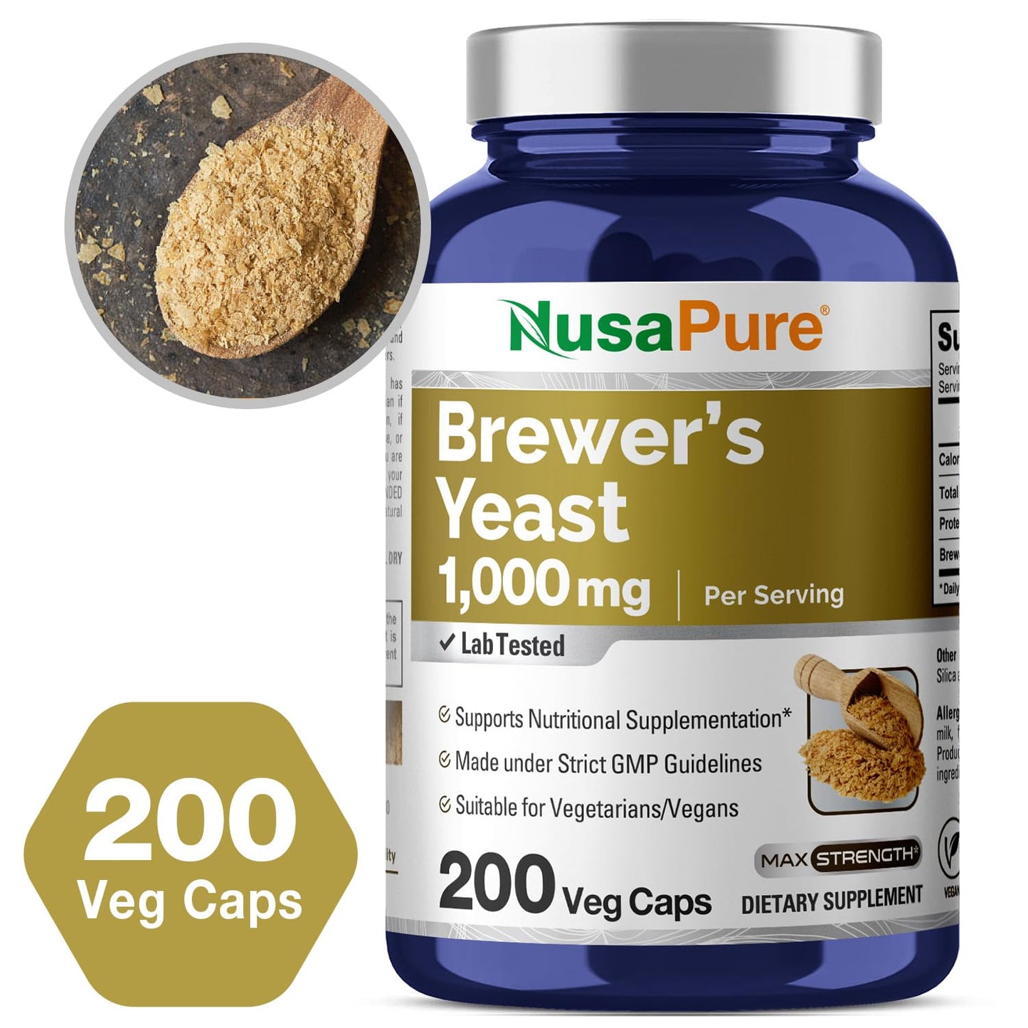 NusaPure Brewer’s Yeast - Suitable for Vegetarian/Vegan, Non - GMO - 1000mg 200 Capsules