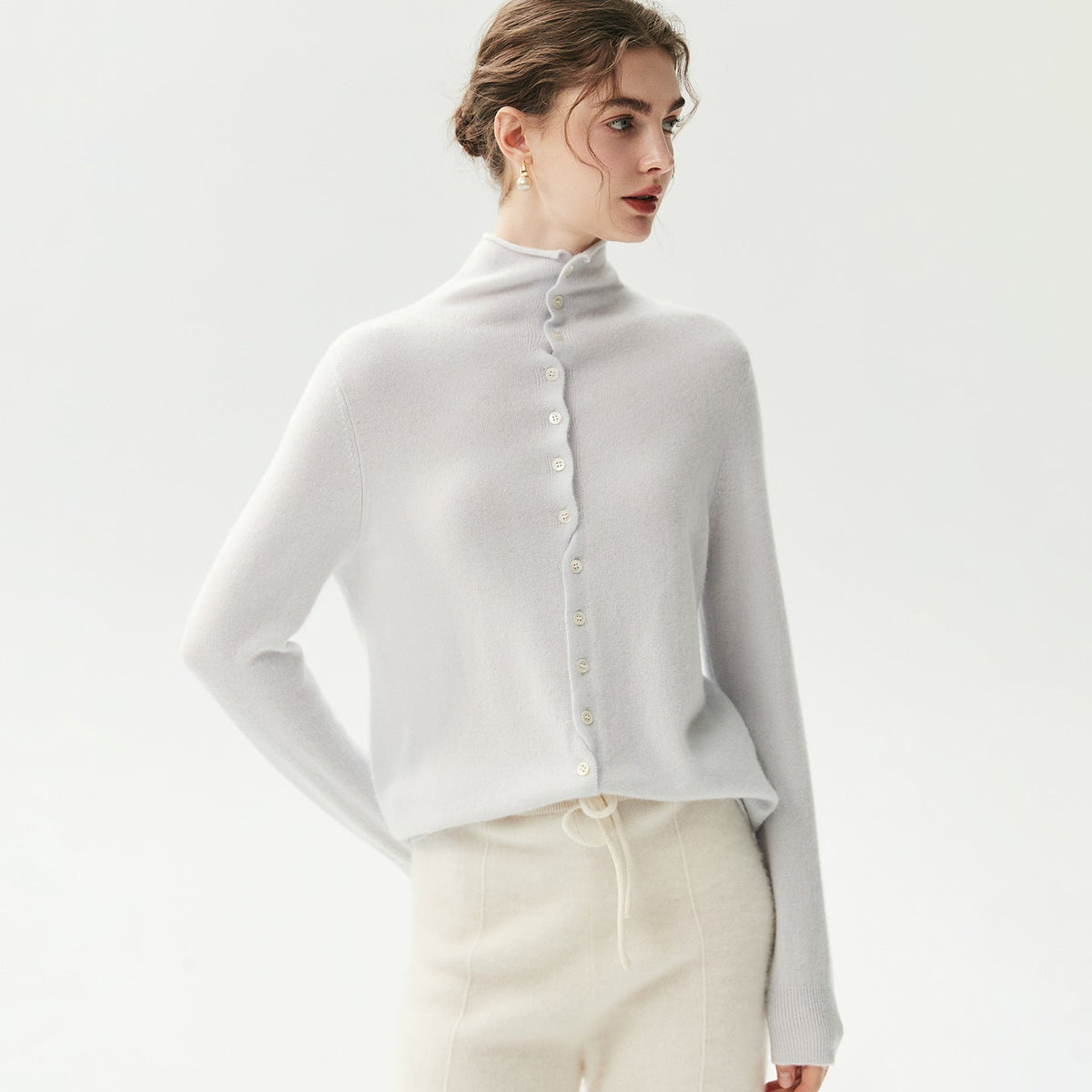 2-Way Convertible High-Neck Buttoned Knit Sweater