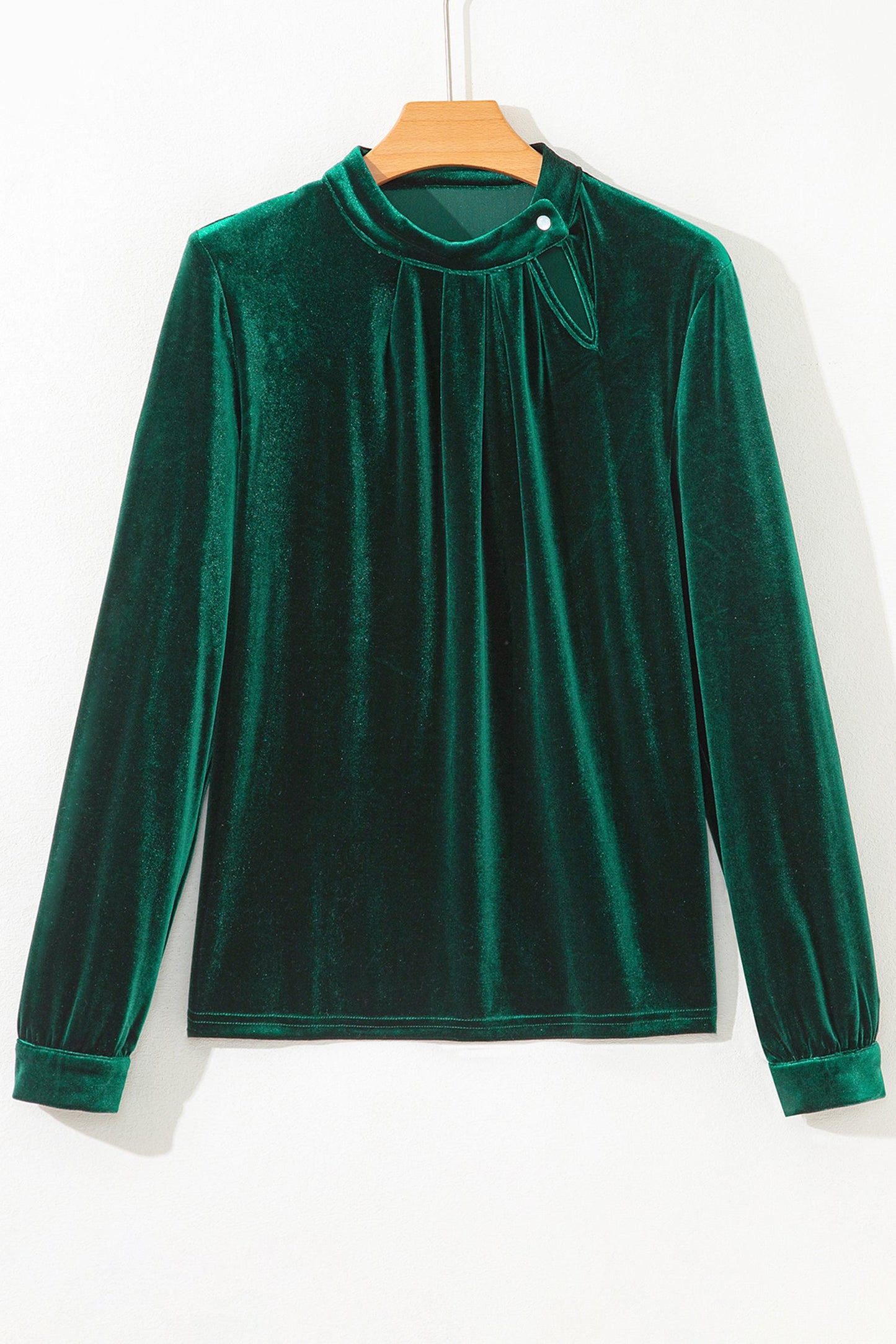 Blusa de terciopelo de manga larga con cuello ojo de cerradura y botones asimétricos Evergreen