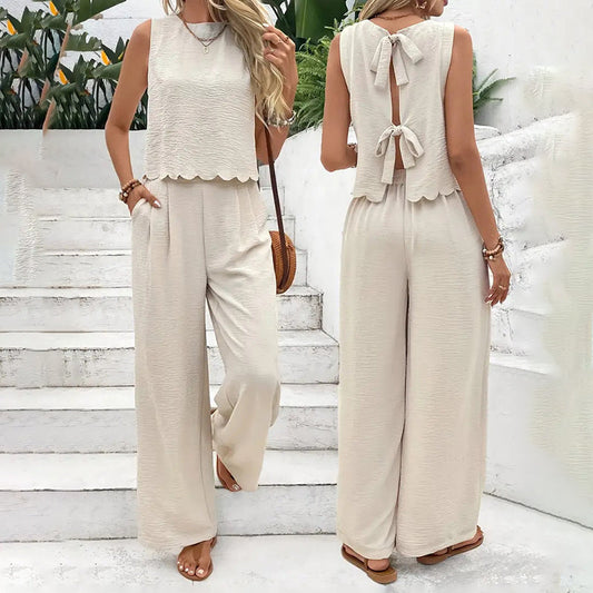 Elegante conjunto a juego de 2 piezas, top corto sin mangas y pantalones de pierna ancha