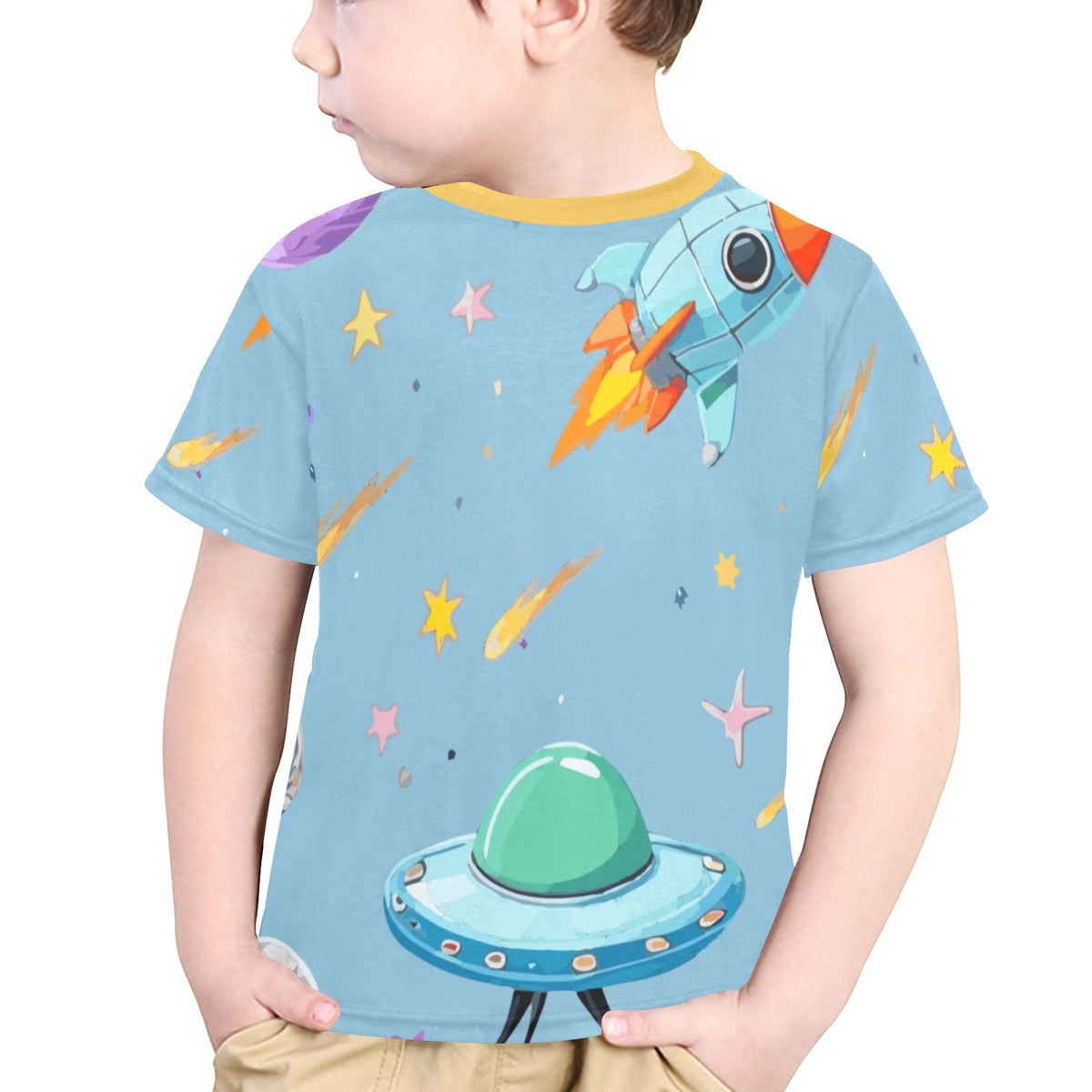 Space Illustration With Rocket Little Kids' All Over Print T-Shirt (Made in USA)