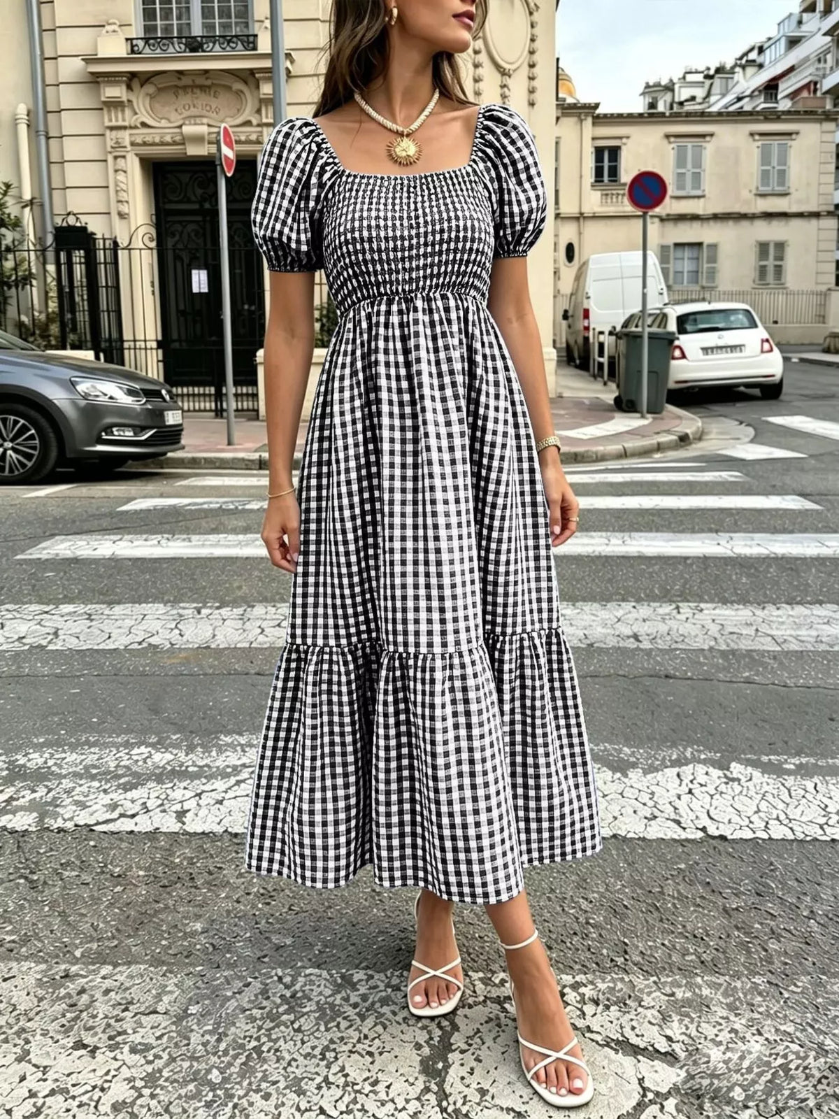 Gingham Smocked Puff Sleeve Midi Dress