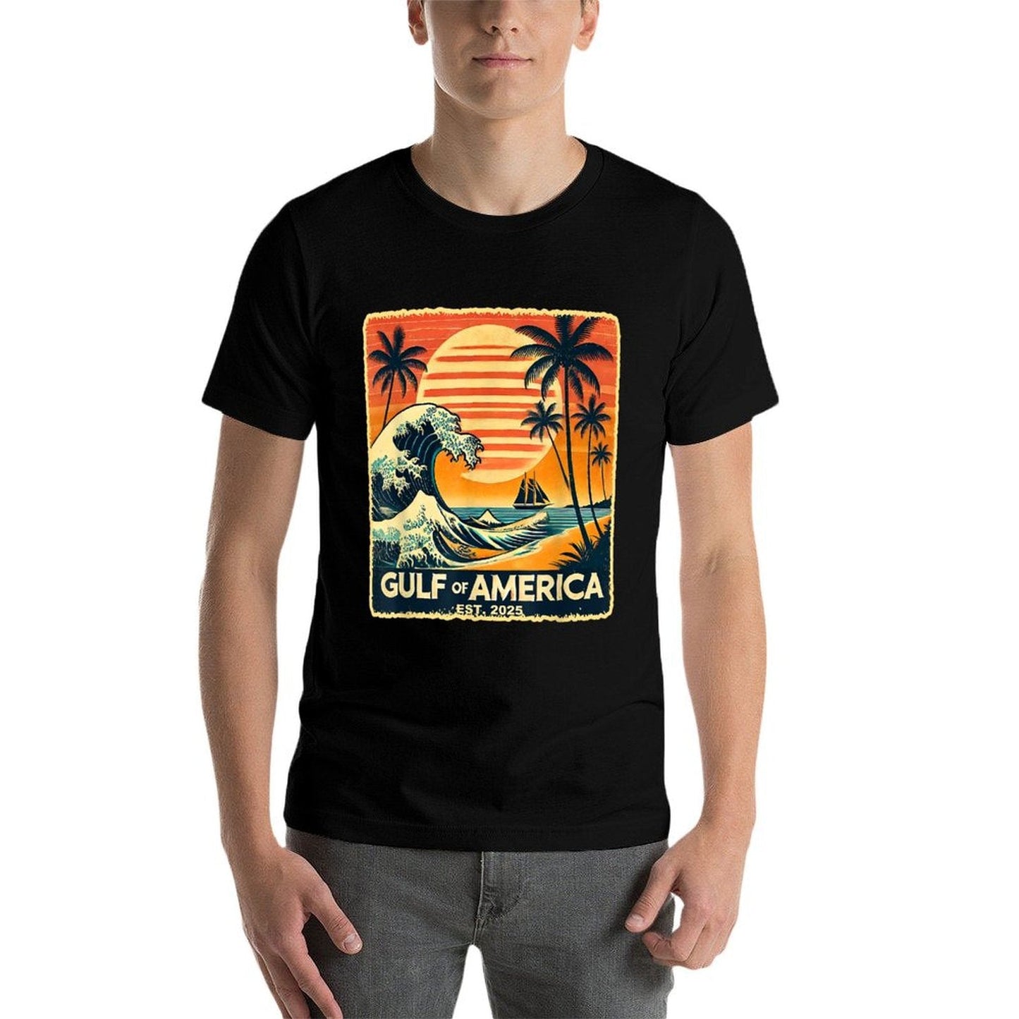 Retro Gulf Of USA America Est 2025 American Flag July 4th Eco-friendly Material T-Shirt