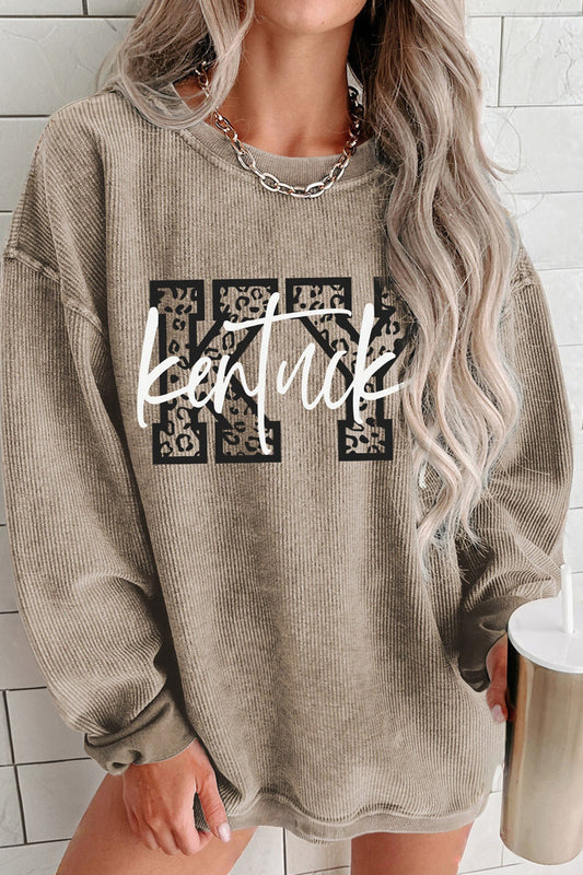 Sudadera holgada de canalé color caqui con letras de leopardo Kentucky KY