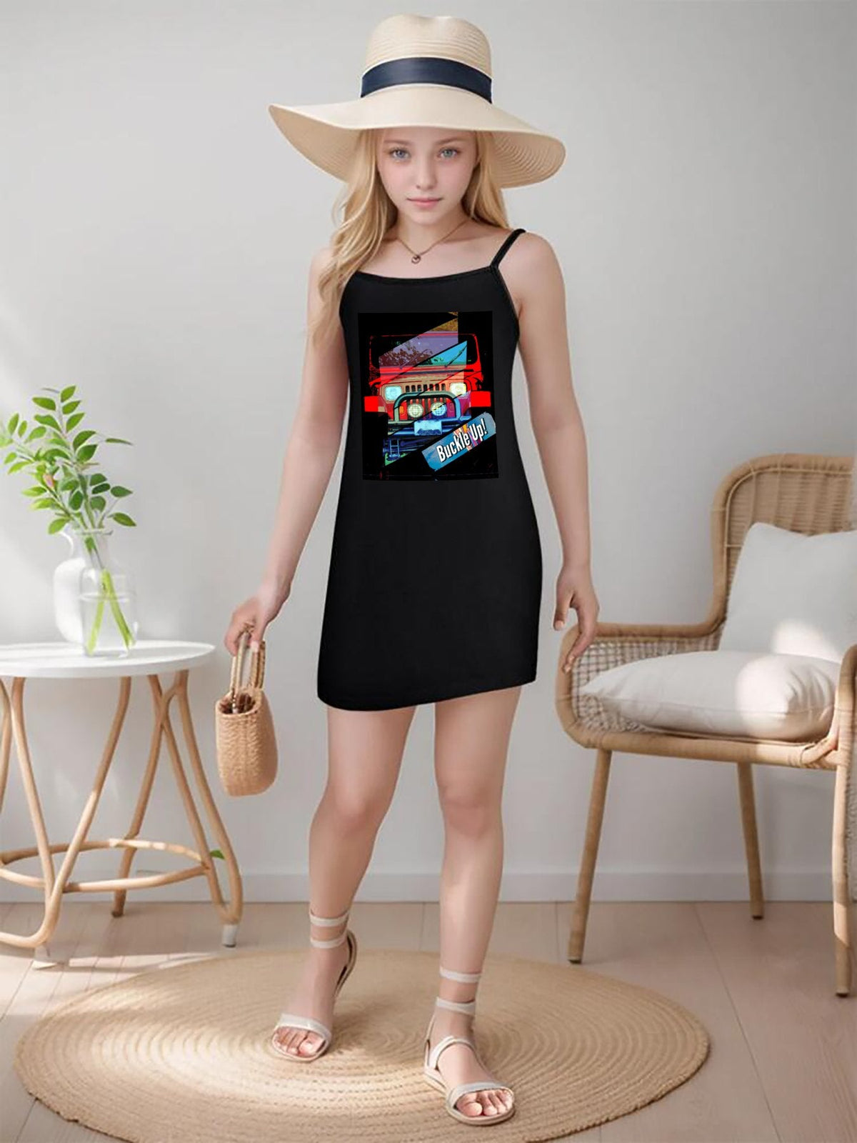 Girl's Buckle Up! 4-wheel Drive Short Black Dress with Spaghetti Straps