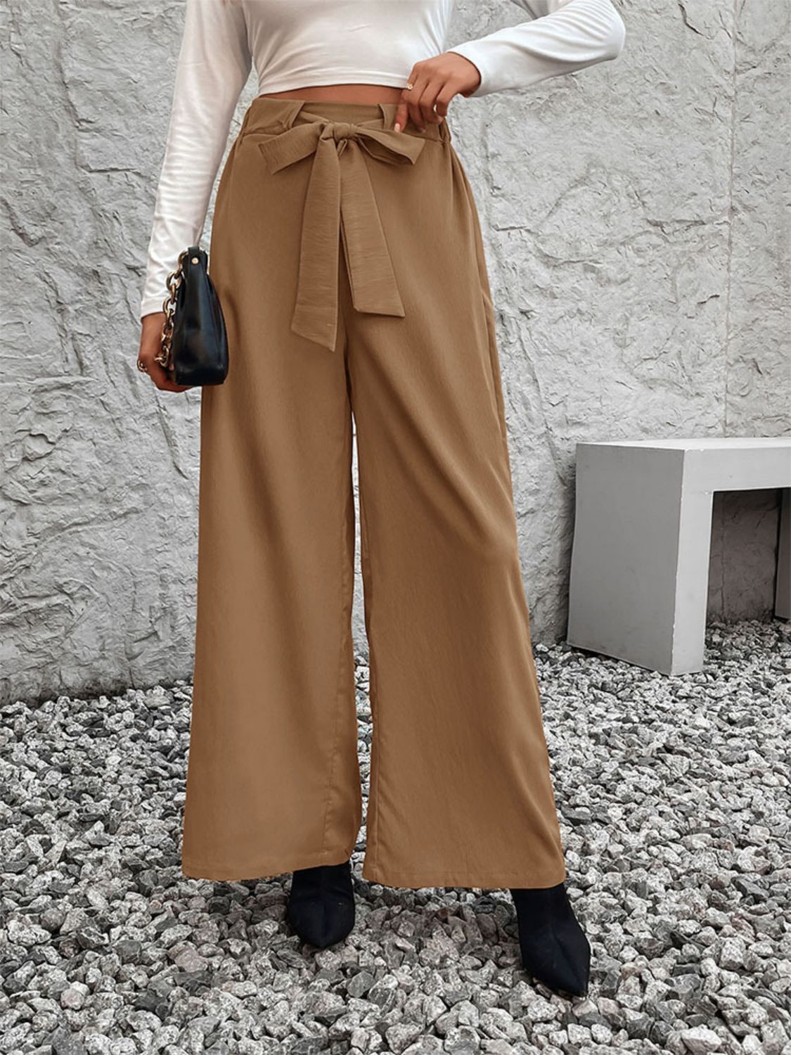 Pantalón de pierna ancha de cintura alta anudado Perfee