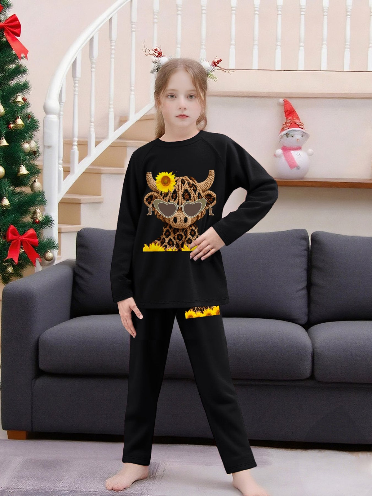 Yarn Highland Cow with Sunflowers Children's Loungewear Set