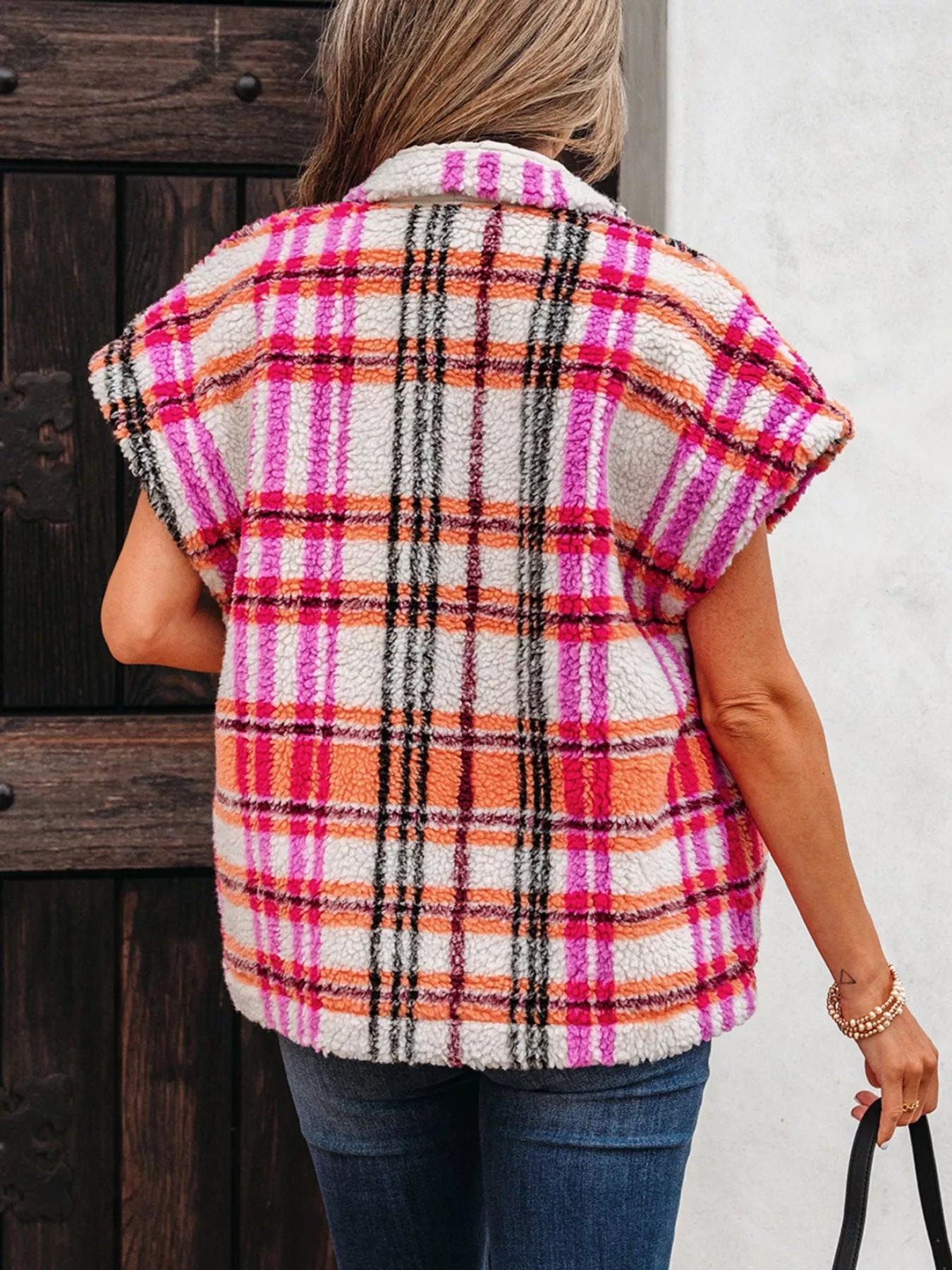 Sherpa Plaid Snap Down Vest Coat
