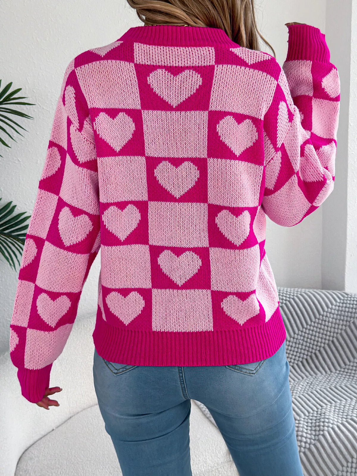 Heart Checkerboard Pattern Round Neck Sweater