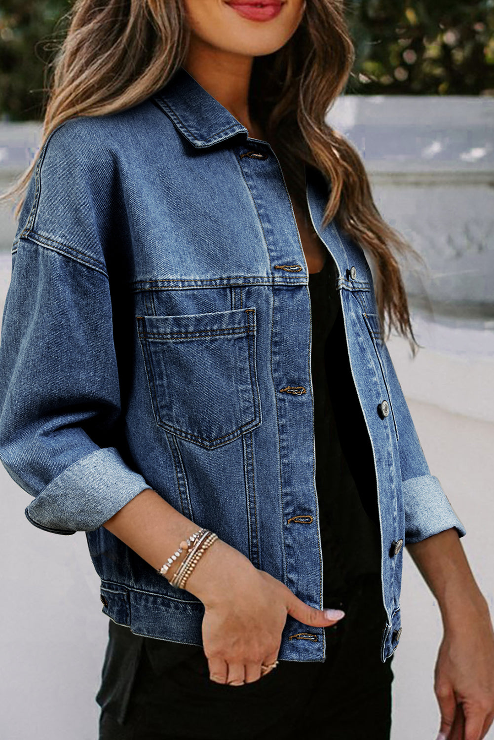 Chaqueta vaquera oversize con bolsillo, lavada a la piedra, a rayas azules
