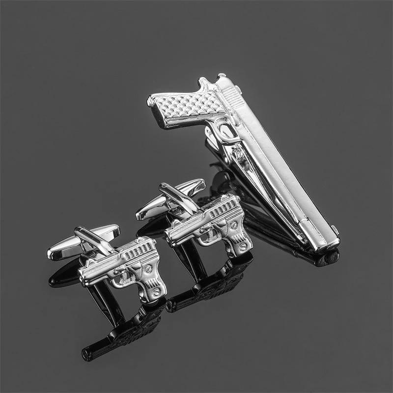 Gold Silver Black Square Brushed Tie Clip And Cufflinks