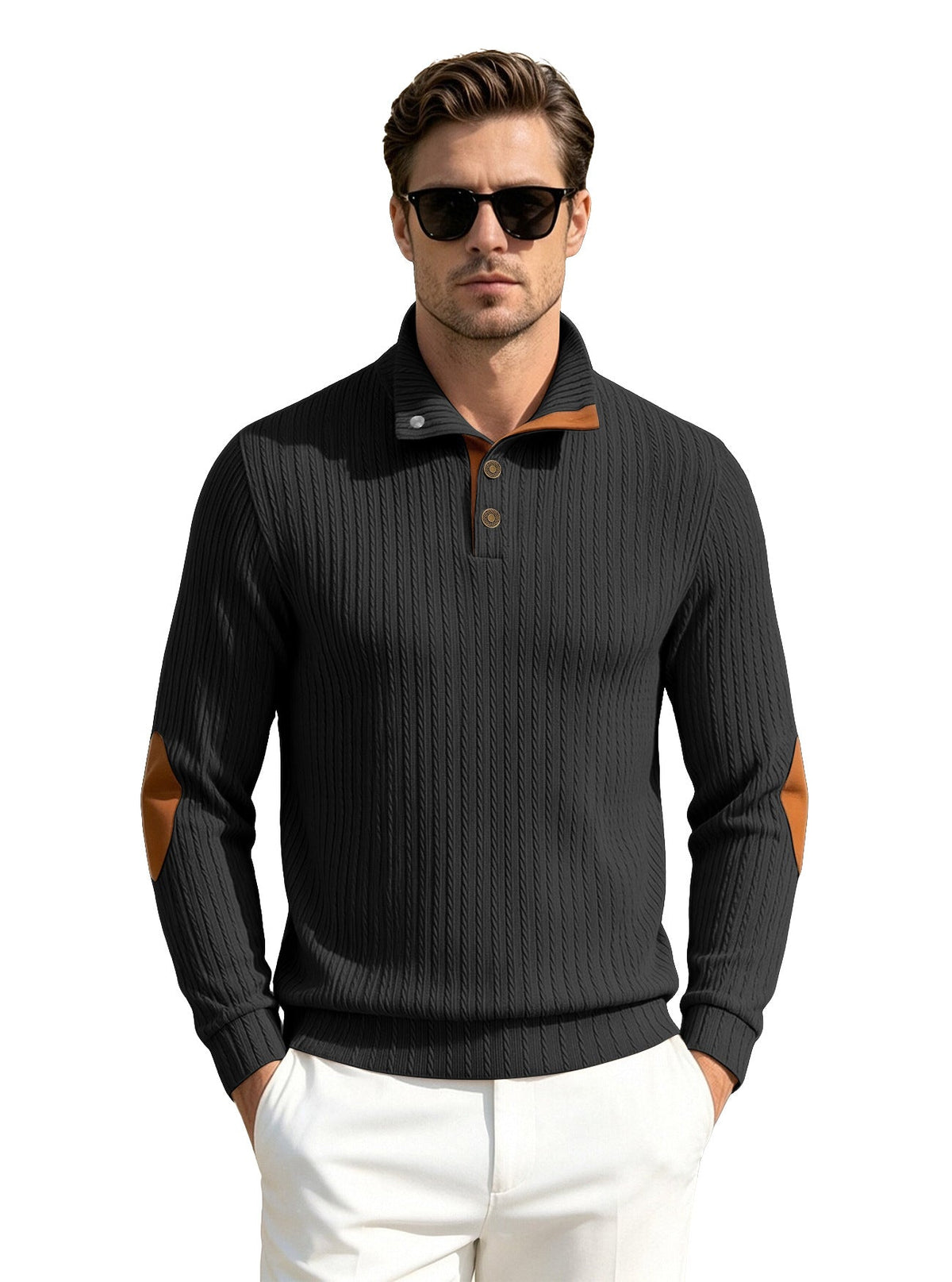 Men's Stand Collar Textured Jacquard Sleeve Patch Sweatshirt, American-Style Plus Size Casual Sports Polo Shirt For Export