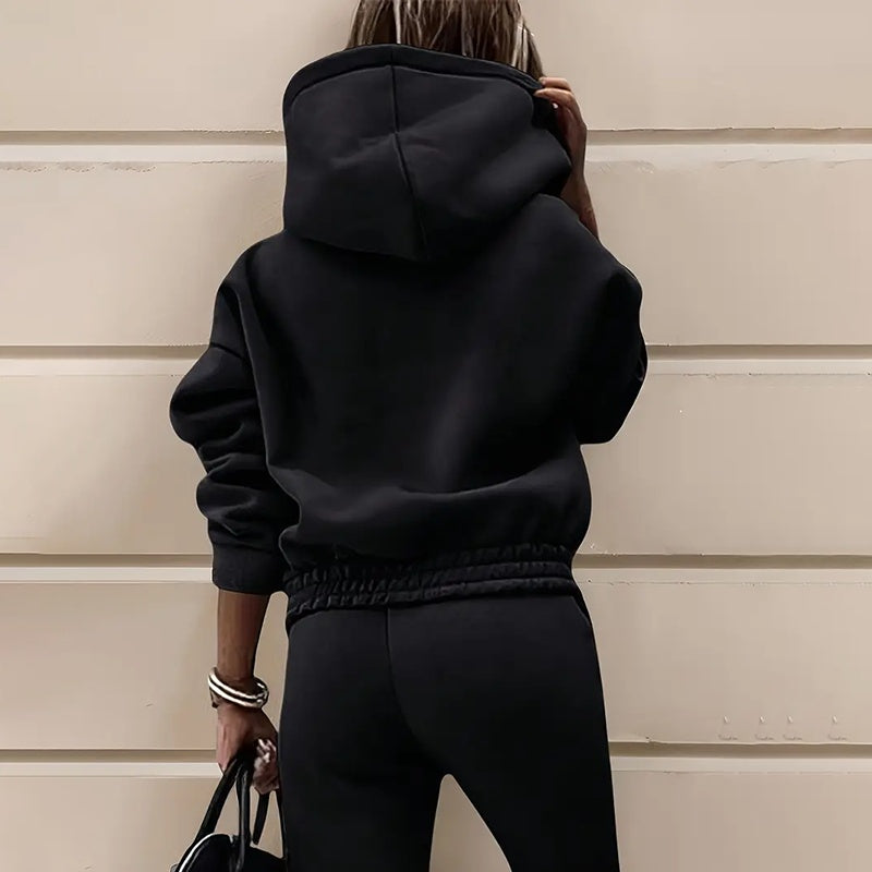 Conjunto de sudadera con capucha y pantalón de dos piezas de color liso para mujer