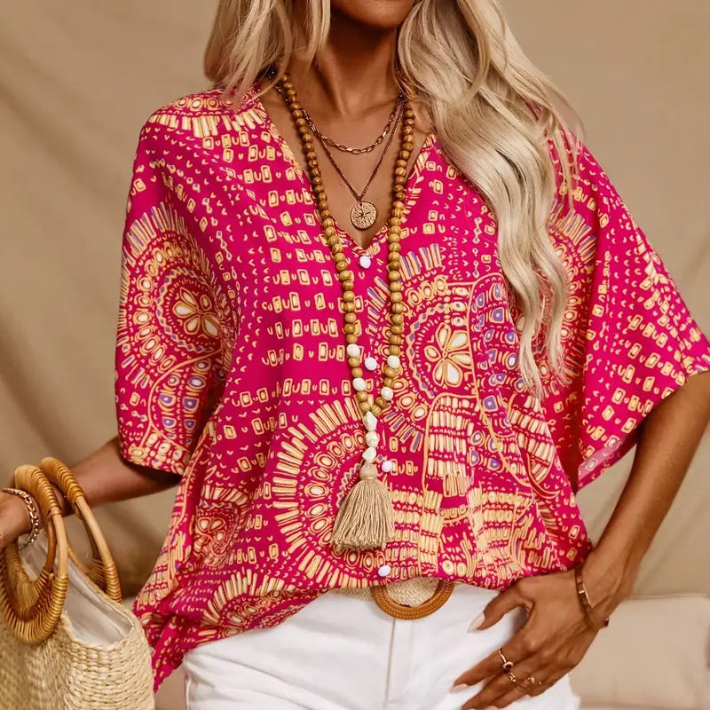 Blusa con cuello en V y estampado de mandala – Top casual de vacaciones