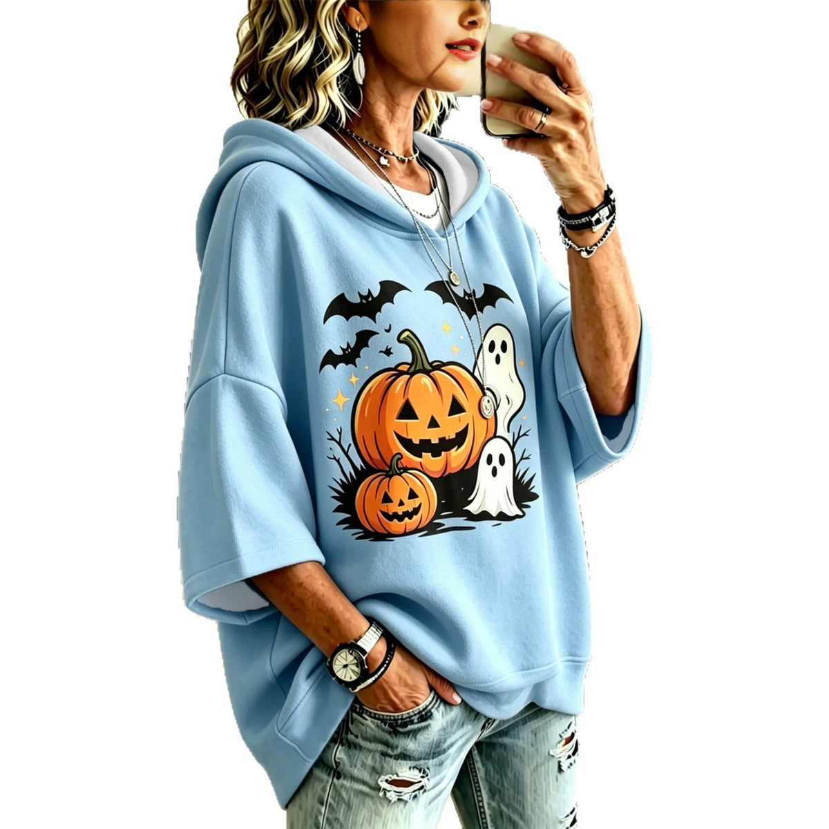 Digital-print Halloween Casual Loose-fit Hooded Sweatshirt