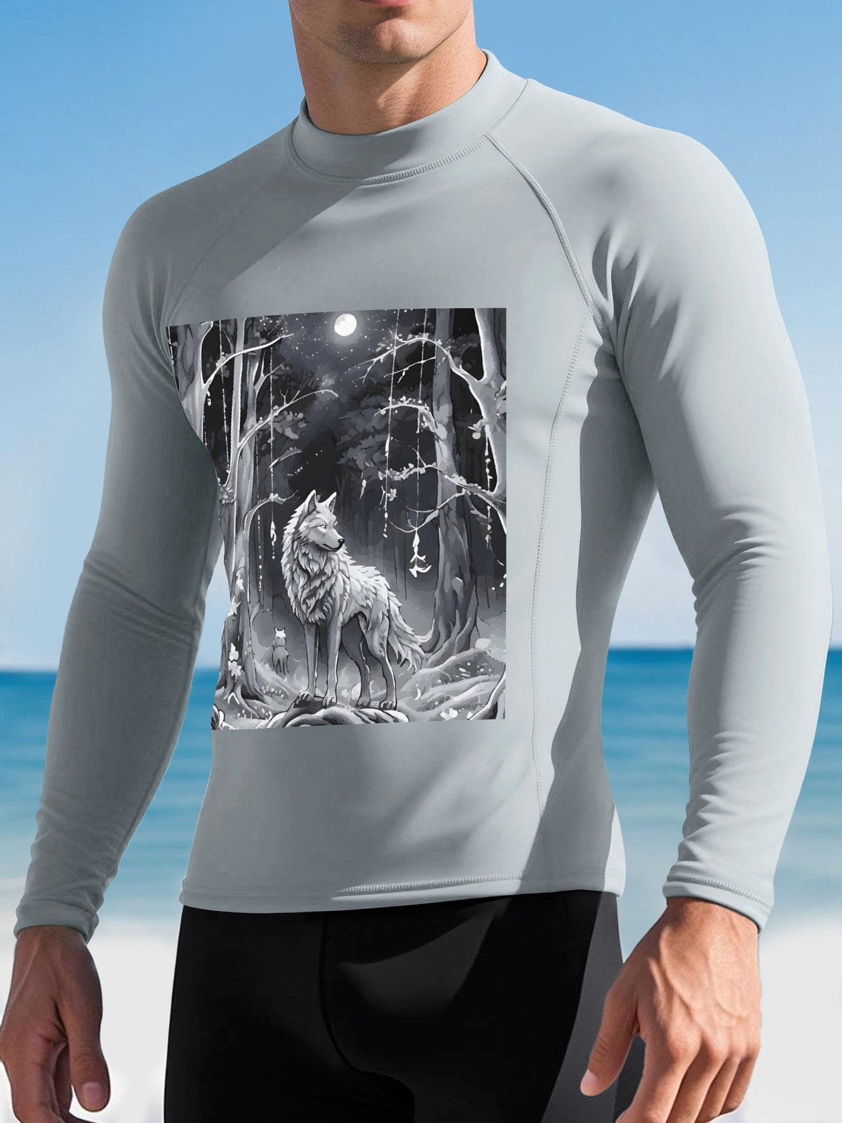 Ethereal Wolf in the Moonlight Men's Long-Sleeve Surfing Top (Front Printing)