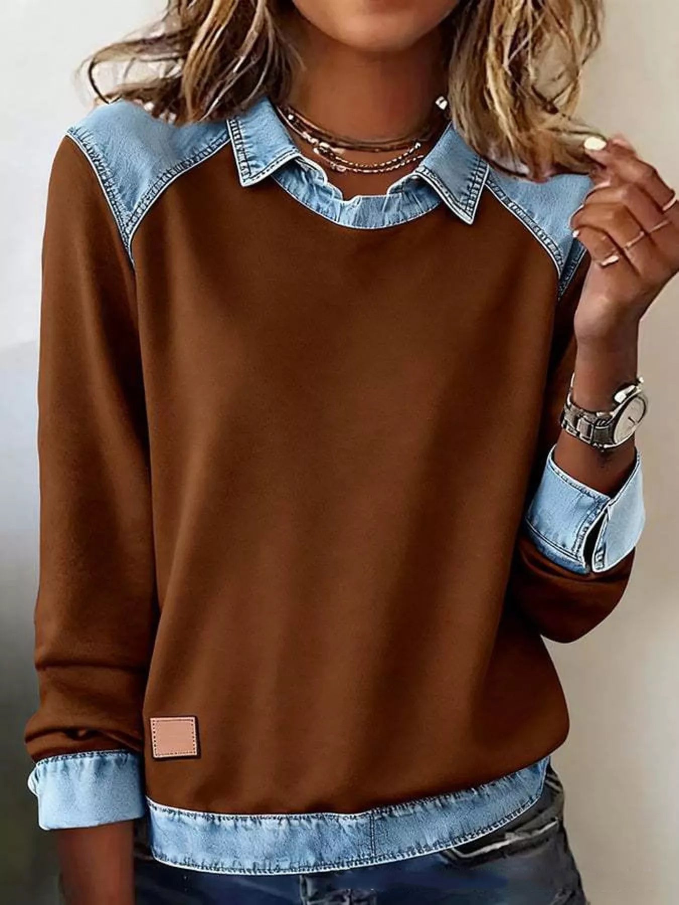 Full Size Denim Trim Long Sleeve Top Plus Size