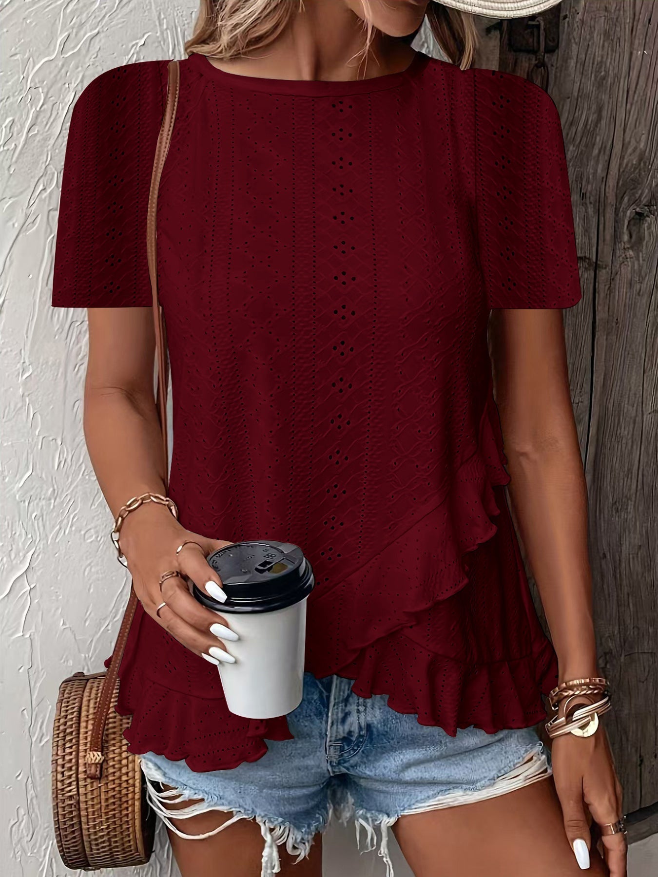 Camiseta de mujer casual de manga corta y cuello redondo de color liso