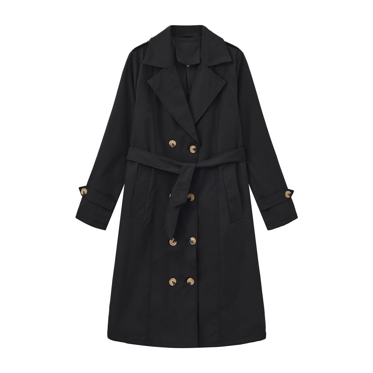 Casual Waist Cinching Trench Coat For Fall Winter, Elegant Long Women Outerwear With Double Breasted Design, Model