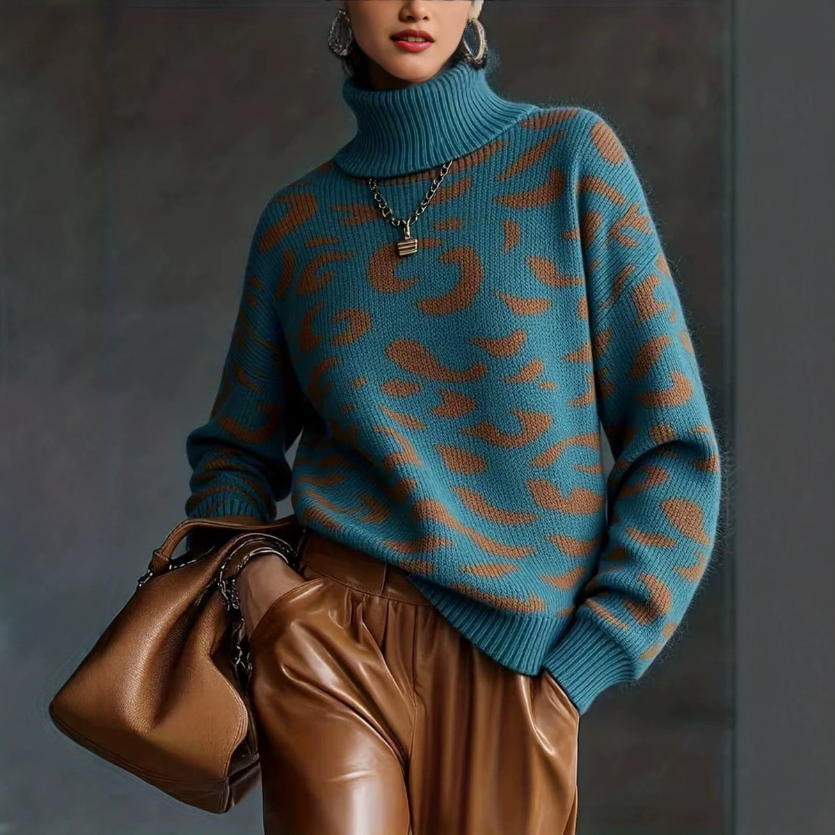 2026 New Women Leopard Print Knitted Sweater, Fall Winter Oversized Loose Turtleneck Pullover, Casual Warm Knit Top