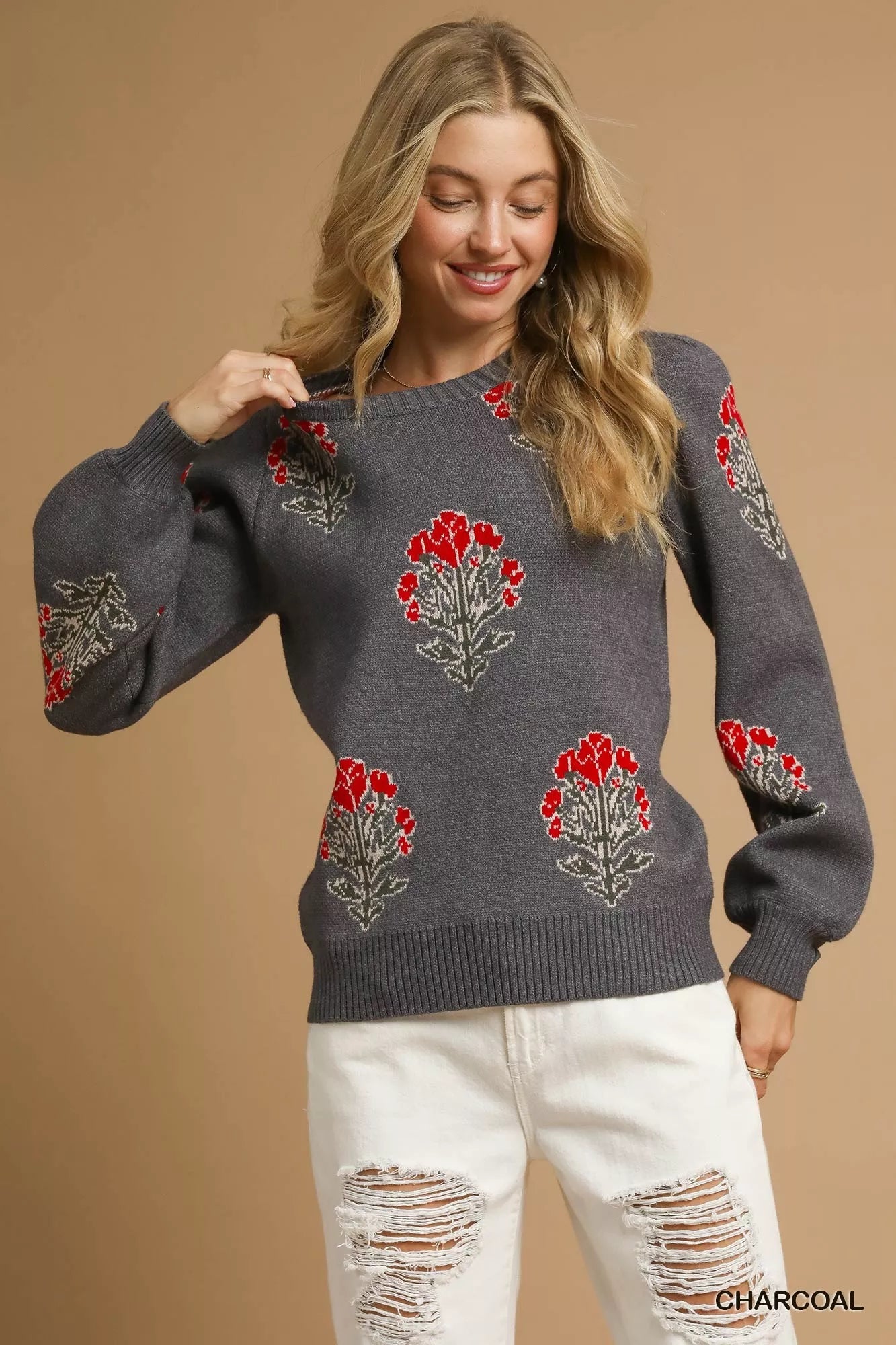 Suéter de jacquard con tallo de flor individual Umgee