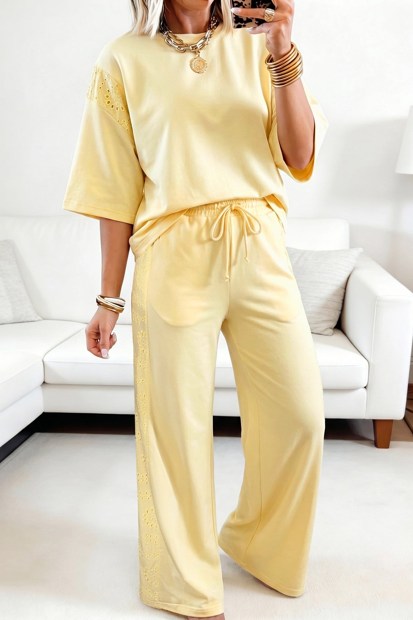 Sachet Pink Lace Patchwork Half Sleeve Top Elastic Waist Pants Two Piece Set
