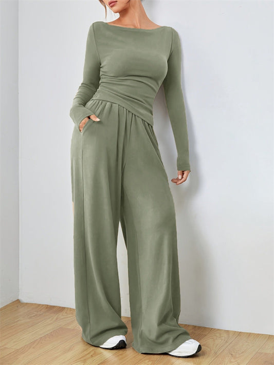 Conjunto informal de top de manga larga y pantalón de pierna ancha