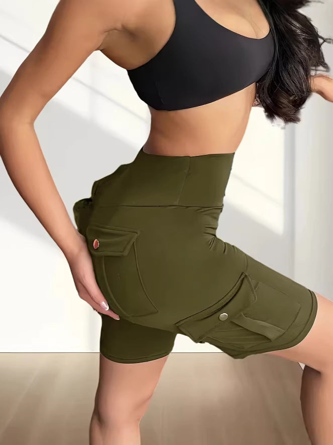 Temu European And American Style Spring And Autumn Pocket Sports Yoga Cargo Shorts Casual Pants Women's Five-Point Pants Tight Leggings