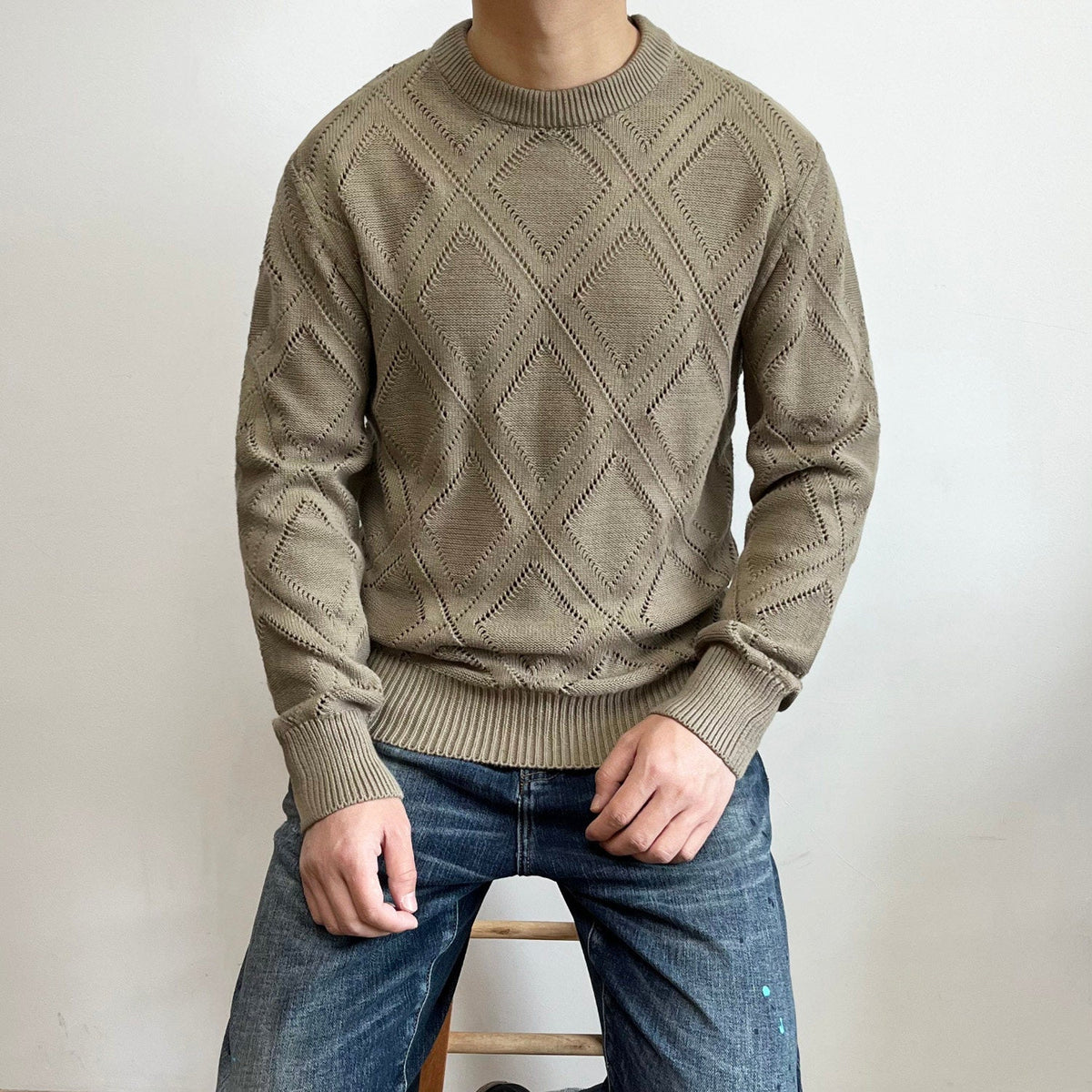 Popular Solid-color Diamond-pattern Casual Cotton Knit Sweater