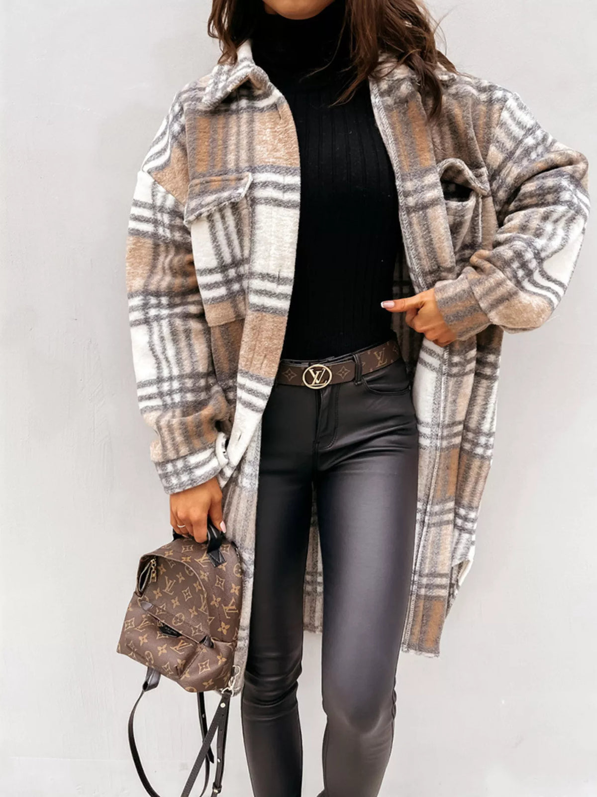 Longline Plaid Button Up Coat