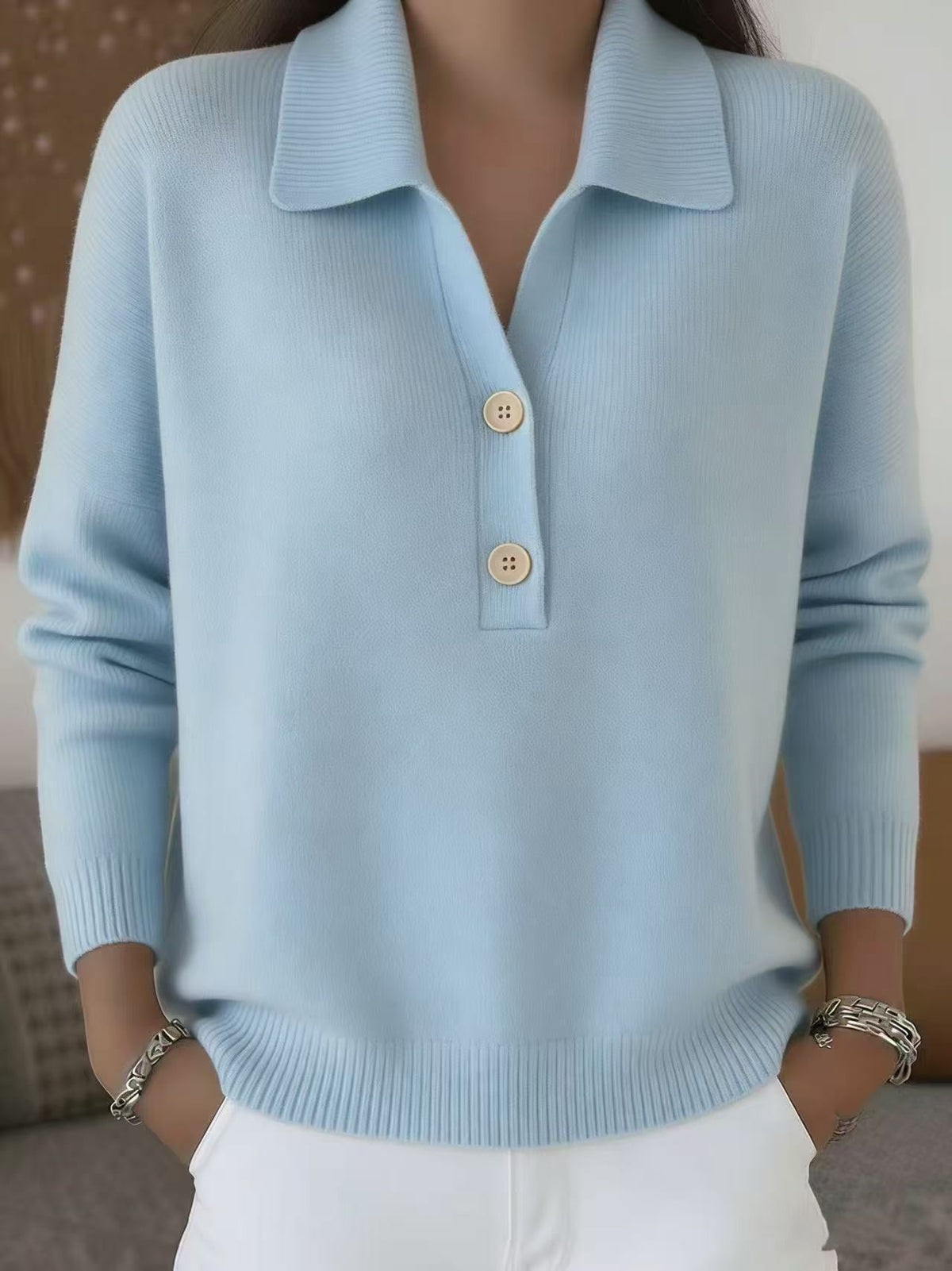 Button Lapel Sweater Women's Knitted Polo Neck Long Sleeve Pullover Top Casual Fall Winter Clothing