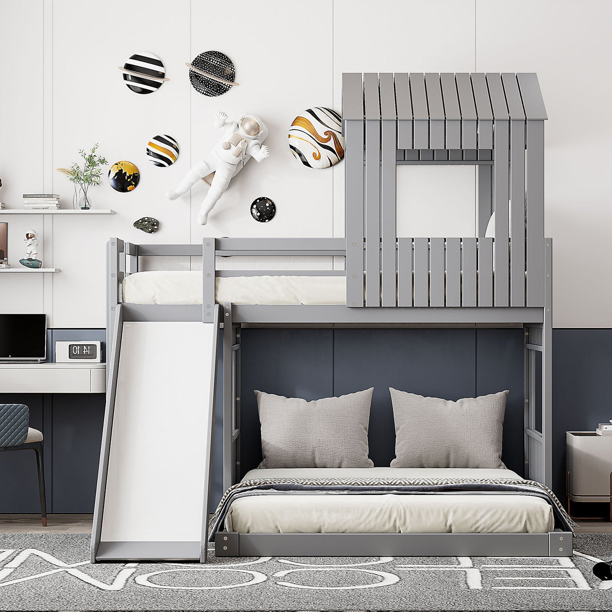 Loft Bunk Bed With Playhouse, Farmhouse, Ladder, Slide And Guardrails